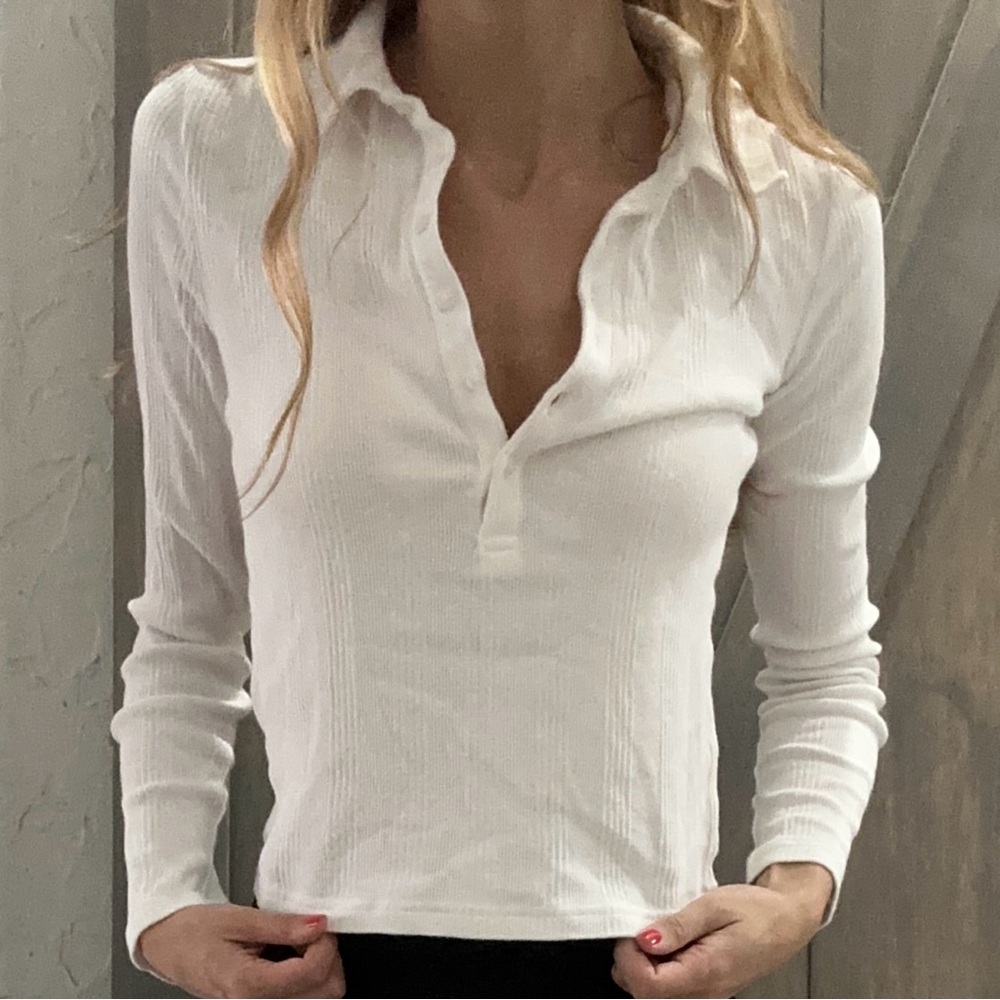 Women's White Long Sleeve Collared Top